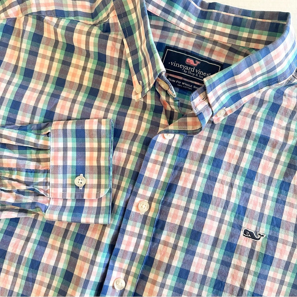Vineyard Vines Slim Fit Whale Shirt Plaid Men's XL Pink Blue Button Down Preppy
